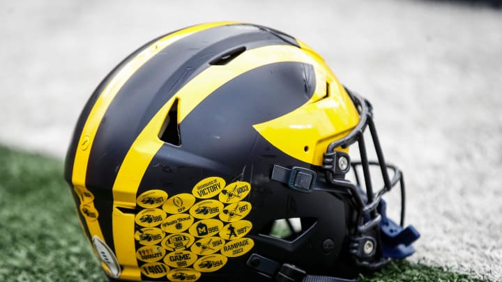 A Michigan football helmet on the field during warmup at the spring game at Michigan Stadium in Ann Arbor on Saturday, April 20, 2024.