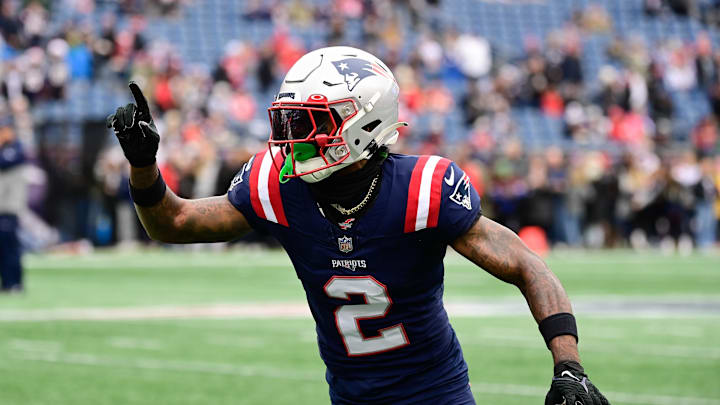 Dec 17, 2023; Foxborough, Massachusetts, USA; New England Patriots cornerback Jalen Mills (2) warms up before a game against the Kansas City Chiefs at Gillette Stadium. Mandatory Credit: Eric Canha-Imagn Images