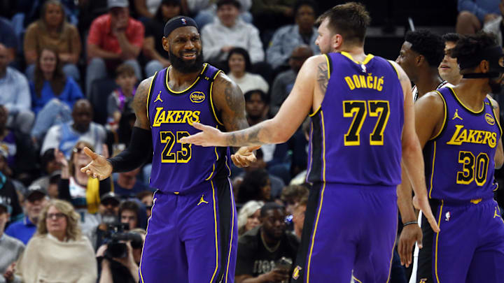 Los Angeles Lakers forward LeBron James and guard Luka Doncic on March 29, 2025.