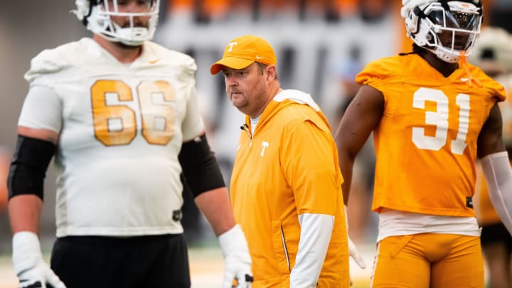 Tennessee head coach Josh Heupel during UT's first spring football practice on Monday, March 18, 2024.