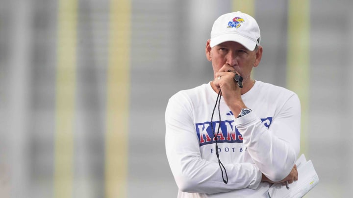 Kansas head football coach Lance Leipold watches his players during an indoor practice Wednesday, July 31.