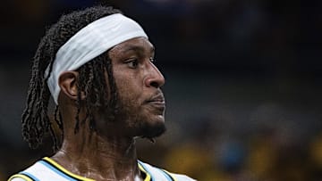 Apr 19, 2025; Indianapolis, Indiana, USA;  Indiana Pacers center Myles Turner (33) in the first half against the Milwaukee Bucks at Gainbridge Fieldhouse. Mandatory Credit: Trevor Ruszkowski-Imagn Images