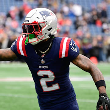 Dec 17, 2023; Foxborough, Massachusetts, USA; New England Patriots cornerback Jalen Mills (2) warms up before a game against the Kansas City Chiefs at Gillette Stadium. Mandatory Credit: Eric Canha-Imagn Images