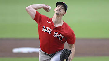 Aug 8, 2025; San Diego, California, USA; Boston Red Sox starting pitcher Walker Buehler (0) delivers during the first inning against the San Diego Padres at Petco Park. Mandatory Credit: Denis Poroy-Imagn Images