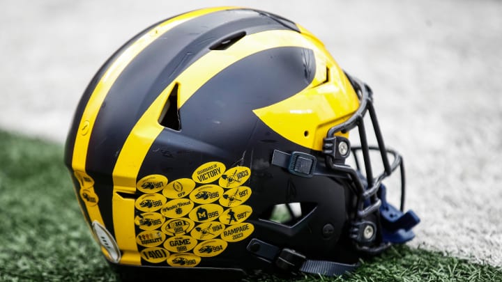 A Michigan football helmet on the field during warmup at the spring game at Michigan Stadium in Ann Arbor on Saturday, April 20, 2024.