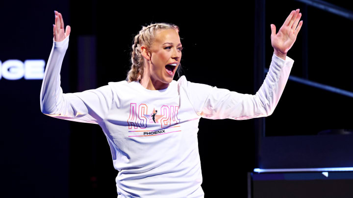 Jul 19, 2024; Phoenix, AZ, USA; Phoenix Mercury player Sophie Cunningham is introduced before the WNBA All-Star Skills Night at the Footprint Center. 