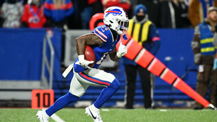 Jan 21, 2024; Orchard Park, New York, USA; Buffalo Bills wide receiver Deonte Harty (11) returns a kickoff against the Kansas City Chiefs in the first half of the 2024 AFC divisional round game at Highmark Stadium. Mandatory Credit: Mark Konezny-USA TODAY Sports