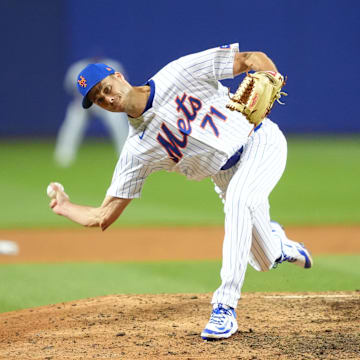 Aug 17, 2025; Williamsport, Pennsylvania, USA; New York Mets relief pitcher Tyler Rogers (71) throws a pitch against the Seattle Mariners in the ninth inning at Journey Bank Ballpark at Historic Bowman Field. Mandatory Credit: Kyle Ross-Imagn Images