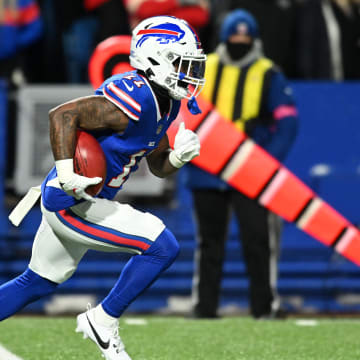 Jan 21, 2024; Orchard Park, New York, USA; Buffalo Bills wide receiver Deonte Harty (11) returns a kickoff against the Kansas City Chiefs in the first half of the 2024 AFC divisional round game at Highmark Stadium. Mandatory Credit: Mark Konezny-USA TODAY Sports