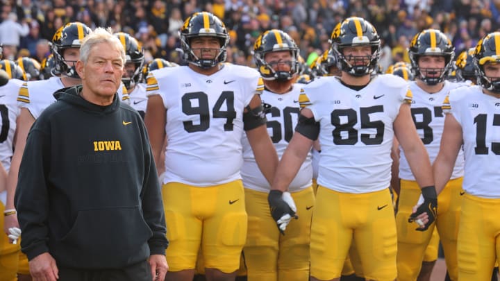 Head coach Kirk Ferentz of the Iowa Hawkeyes waits to take the field prior to the game against the Northwestern Wildcats at Wrigley Field on November 04, 2023 in Chicago, Illinois. 