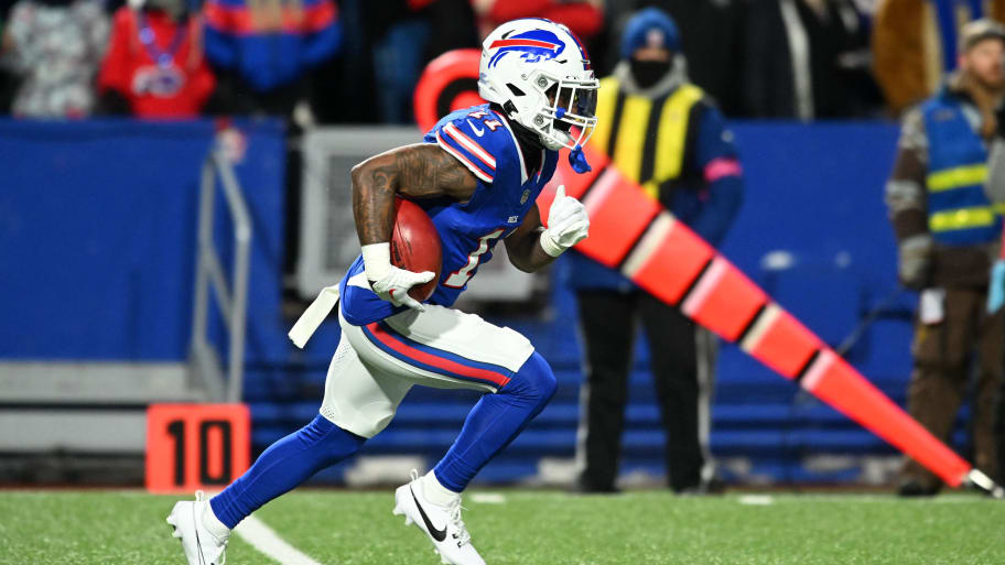 Jan 21, 2024; Orchard Park, New York, USA; Buffalo Bills wide receiver Deonte Harty (11) returns a kickoff against the Kansas City Chiefs in the first half of the 2024 AFC divisional round game at Highmark Stadium. Mandatory Credit: Mark Konezny-USA TODAY Sports | Mark Konezny-USA TODAY Sports