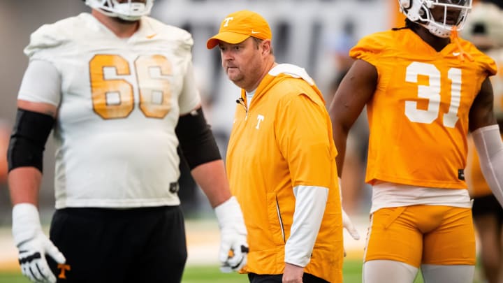 Tennessee head coach Josh Heupel during UT's first spring football practice on Monday, March 18, 2024.