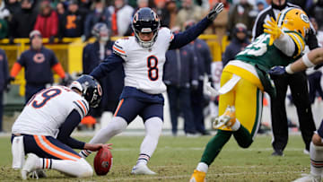 Chicago Bears place kicker Cairo Santos (8) kicks a 51-yard game-winning field goal against the Green Bay Packers during their football game Sunday, January 5, 2025, at Lambeau Field in Green Bay, Wisconsin.