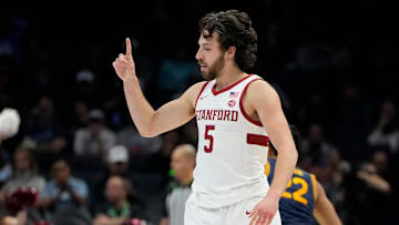 Mar 12, 2025; Charlotte, NC, USA; Stanford Cardinal guard Benny Gealer (5) reacts in the second half at Spectrum Center. Mandatory Credit: Bob Donnan-Imagn Images