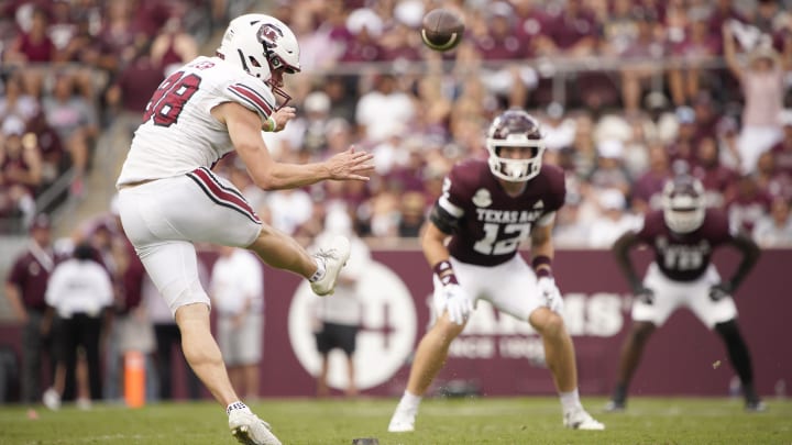 Oct 28, 2023; College Station, Texas, USA; South Carolina Gamecocks place kicker Mitch Jeter (98) kicks against Texas A&M Aggies during the second half at Kyle Field.