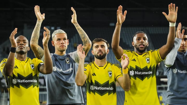 Aug 17, 2024; Columbus, Ohio, USA; Members of the Columbus Crew celebrate after the victory over New York City FC in a Leagues Cup quarterfinal match at Lower.com Field. Mandatory Credit: Katie Stratman-USA TODAY Sports