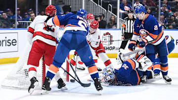Dec 7, 2024; Elmont, New York, USA; Carolina Hurricanes right wing Andrei Svechnikov (37) scores a gol against the New York Islanders during the second period at UBS Arena. Mandatory Credit: John Jones-Imagn Images