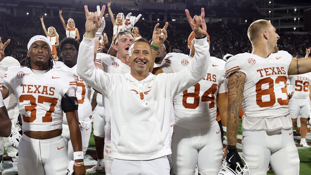 Texas Longhorns head coach Steve Sarkisian reacts after beating the Mississippi State Bulldogs in overtime at Davis Wade Stadium at Scott Field. 