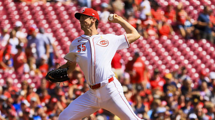 Sep 1, 2024; Cincinnati, Ohio, USA; Cincinnati Reds starting pitcher Brandon Williamson (55) pitches against the Milwaukee Brewers in the first inning at Great American Ball Park. Mandatory Credit: Katie Stratman-Imagn Images