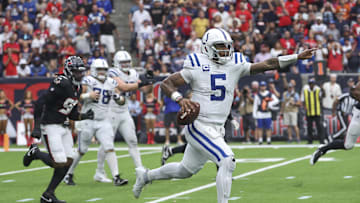 Oct 27, 2024; Houston, Texas, USA; Indianapolis Colts quarterback Anthony Richardson (5) runs with the ball during the game against the Houston Texans at NRG Stadium. Mandatory Credit: Troy Taormina-Imagn Images