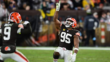 Dec 29, 2024; Cleveland, Ohio, USA; Cleveland Browns defensive end Myles Garrett (95) celebrates after a sack during the second half against the Miami Dolphins at Huntington Bank Field. Mandatory Credit: Ken Blaze-Imagn Images
