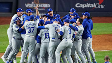 Oct 30, 2024; New York, New York, USA; The Los Angeles Dodgers celebrate after beating the New York Yankees in game four to win the 2024 MLB World Series at Yankee Stadium. Mandatory Credit: Robert Deutsch-Imagn Images