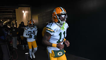 Jan 12, 2025; Philadelphia, Pennsylvania, USA; Green Bay Packers wide receiver Jayden Reed (11) in the tunnel against the Philadelphia Eagles in an NFC wild card game at Lincoln Financial Field. Mandatory Credit: Eric Hartline-Imagn Images