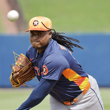 Houston Astros pitcher Framber Valdez (59) throws a pitch during the first inning against the Washington Nationals at CACTI Park of the Palm Beaches on Feb. 26.