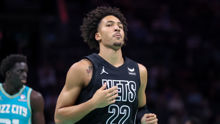 Mar 9, 2024; Charlotte, North Carolina, USA;  Brooklyn Nets forward Jalen Wilson (22) in action against the Charlotte Hornets during the third quarter at Spectrum Center. Mandatory Credit: Cory Knowlton-USA TODAY Sports