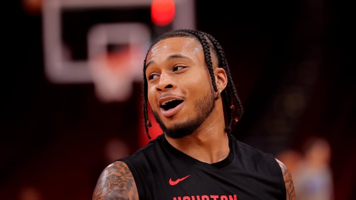 Apr 9, 2024; Houston, Texas, USA; Houston Rockets forward Cam Whitmore (7) reacts prior to a game against the Orlando Magic at Toyota Center. Mandatory Credit: Erik Williams-USA TODAY Sports