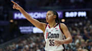 Mar 2, 2025; Storrs, Connecticut, USA; UConn Huskies guard Azzi Fudd (35) reacts after her three point basket against the Marquette Golden Eagles in the second half at Harry A. Gampel Pavilion. Mandatory Credit: David Butler II-Imagn Images