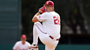Feb 28, 2025; Stanford, CA, USA; Stanford Cardinal starting pitcher Matt Scott (28) throws a pitch against the Xavier Musketeers during the first inning at Sunken Diamond. Mandatory Credit: Darren Yamashita-Imagn Images