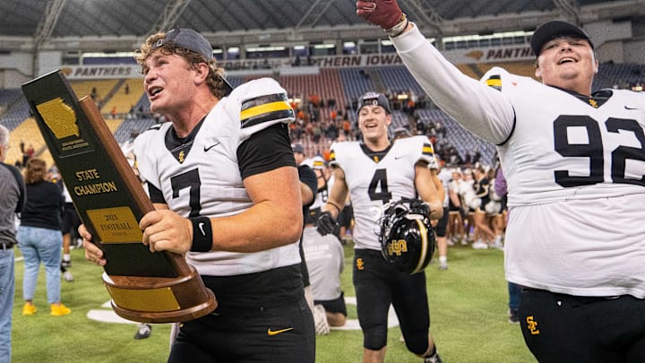 Holden Hansen celebrates after leading Southeast Polk to the Class 5A title over West Des Moines Valley. Holden Hansen celebrates after leading Southeast Polk to the Class 5A title over West Des Moines Valley.