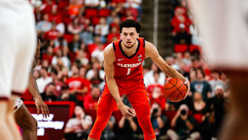 Feb 1, 2025; Raleigh, North Carolina, USA; Clemson Tigers guard Chase Hunter (1) holds the ball during the second half of the game against the North Carolina State Wolfpack at Lenovo Center. Mandatory Credit: Jaylynn Nash-Imagn Images