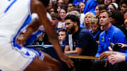 Oct 3, 2025; Durham, NC, USA;  Jayson Tatum, NBA Boston Celtics Player helps coach alongside Duke Blue Devils head coach Jon Scheyer during the Countdown to Craziness at the Cameron Indoor Stadium. Mandatory Credit: Jaylynn Nash-Imagn Images