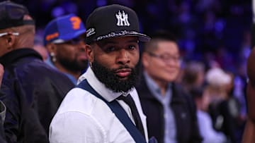 NFL wide receiver Odell Beckham Jr. sits courtside during the NBA game between the New York Knicks and the Phoenix Suns