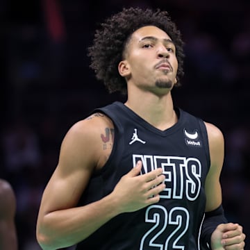 Mar 9, 2024; Charlotte, North Carolina, USA;  Brooklyn Nets forward Jalen Wilson (22) in action against the Charlotte Hornets during the third quarter at Spectrum Center. Mandatory Credit: Cory Knowlton-Imagn Images