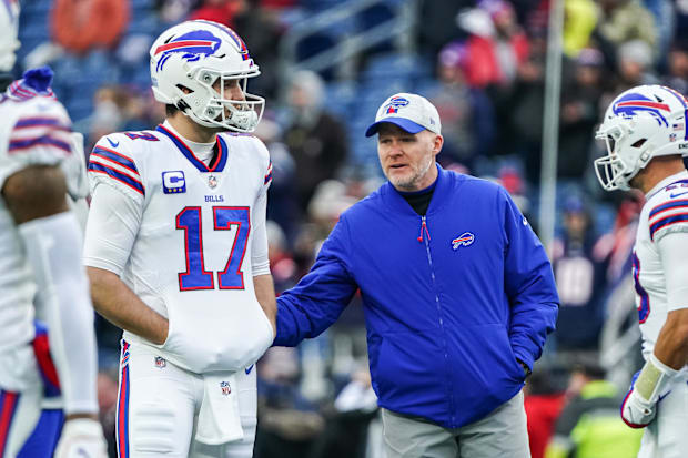 Dec 26, 2021; Foxborough, Massachusetts, USA; Buffalo Bills quarterback Josh Allen (17) and head coach Sean McDermott