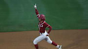 May 7, 2025; Athens, GA, USA; Alabama outfielder Audrey Vandagriff (12) reacts to her home run in a game against South Carolina at Jack Turner Stadium.