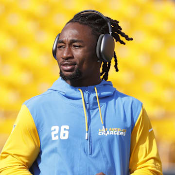 Los Angeles Chargers cornerback Asante Samuel Jr. walks the field before playing the Pittsburgh Steelers at Acrisure Stadium. 
