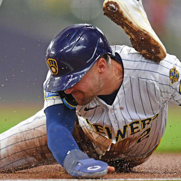 Milwaukee Brewers second baseman Brice Turang (2) steals third base base during the first inning against the Athletics at American Family Field on April 20.