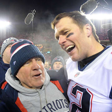 Bill Belichick and Tom Brady celebrating one of their many AFC Championship Game wins. 
