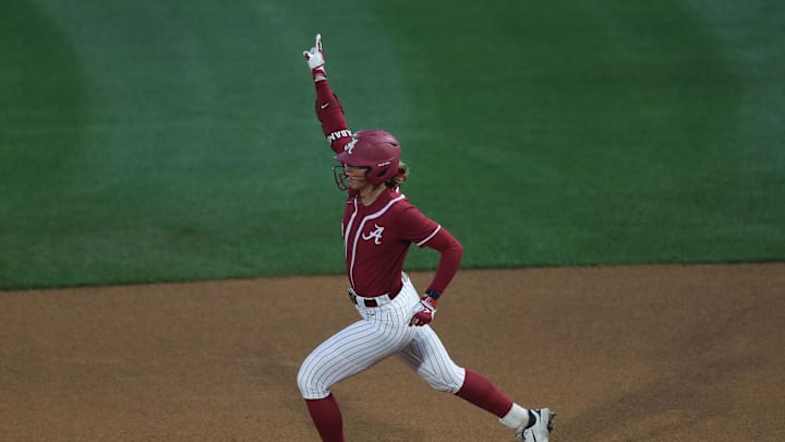 May 7, 2025; Athens, GA, USA; Alabama outfielder Audrey Vandagriff (12) reacts to her home run in a game against South Carolina at Jack Turner Stadium. May 7, 2025; Athens, GA, USA; Alabama outfielder Audrey Vandagriff (12) reacts to her home run in a game against South Carolina at Jack Turner Stadium.