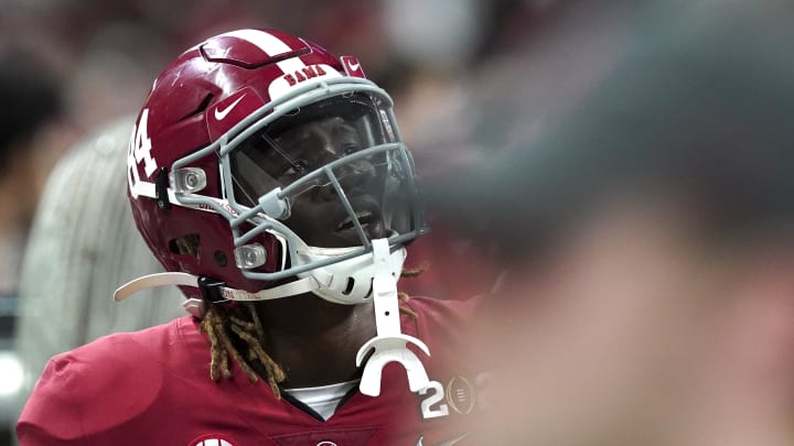 Jan 10, 2022; Indianapolis, IN, USA; Alabama wide receiver Agiye Hall (84) reacts as time runs off the clock during the 2022 CFP college football national championship game at Lucas Oil Stadium. Georgia defeated Alabama 33-18. Mandatory Credit: Gary Cosby Jr.-USA TODAY Sports