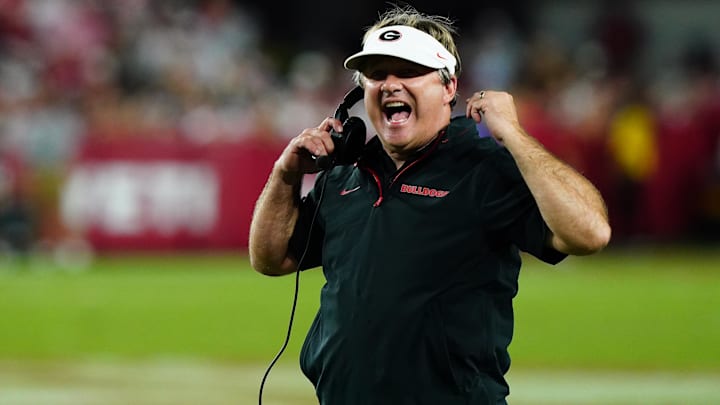 Sep 28, 2024; Tuscaloosa, Alabama, USA;  Georgia Bulldogs head coach Kirby Smart reacts during the first half against the Alabama Crimson Tide at Bryant-Denny Stadium. Mandatory Credit: John David Mercer-Imagn Images