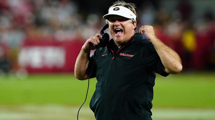 Sep 28, 2024; Tuscaloosa, Alabama, USA;  Georgia Bulldogs head coach Kirby Smart reacts during the first half against the Alabama Crimson Tide at Bryant-Denny Stadium. Mandatory Credit: John David Mercer-Imagn Images