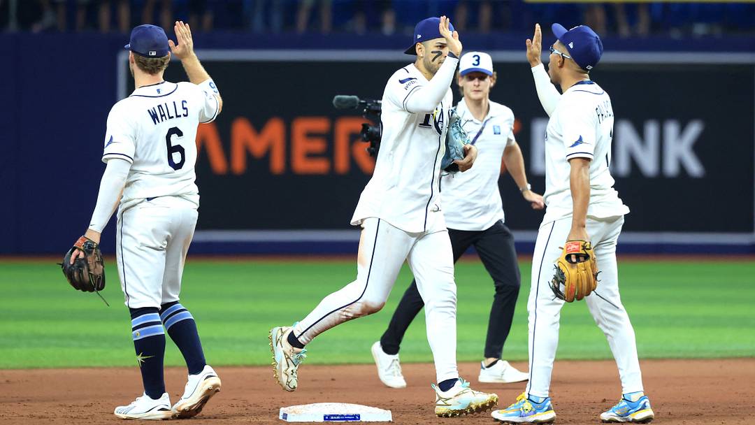 Oct 5, 2026; St. Petersburg, Florida, USA; Tampa Bay Rays outfielder Victor Mesa Jr. (25) and Tampa Bay Rays second baseman Richie Palacios (1) celebrate the win against the New York Yankees in game two of the ALDS for the 2026 MLB Playoffs at Tropicana Field. Mandatory Credit: Kim Klement Neitzel-Imagn Images Oct 5, 2026; St. Petersburg, Florida, USA; Tampa Bay Rays outfielder Victor Mesa Jr. (25) and Tampa Bay Rays second baseman Richie Palacios (1) celebrate the win against the New York Yankees in game two of the ALDS for the 2026 MLB Playoffs at Tropicana Field. Mandatory Credit: Kim Klement Neitzel-Imagn Images