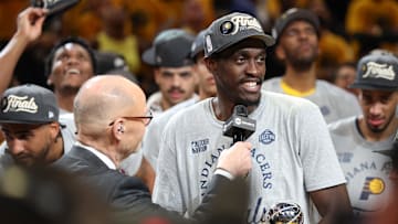 Indiana Pacers star Pascal Siakam receiving the Larry Bird MVP Trophy against the New York Knicks for the 2025 NBA Playoffs