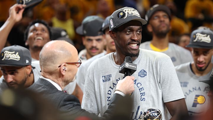 Indiana Pacers star Pascal Siakam receiving the Larry Bird MVP Trophy against the New York Knicks for the 2025 NBA Playoffs
