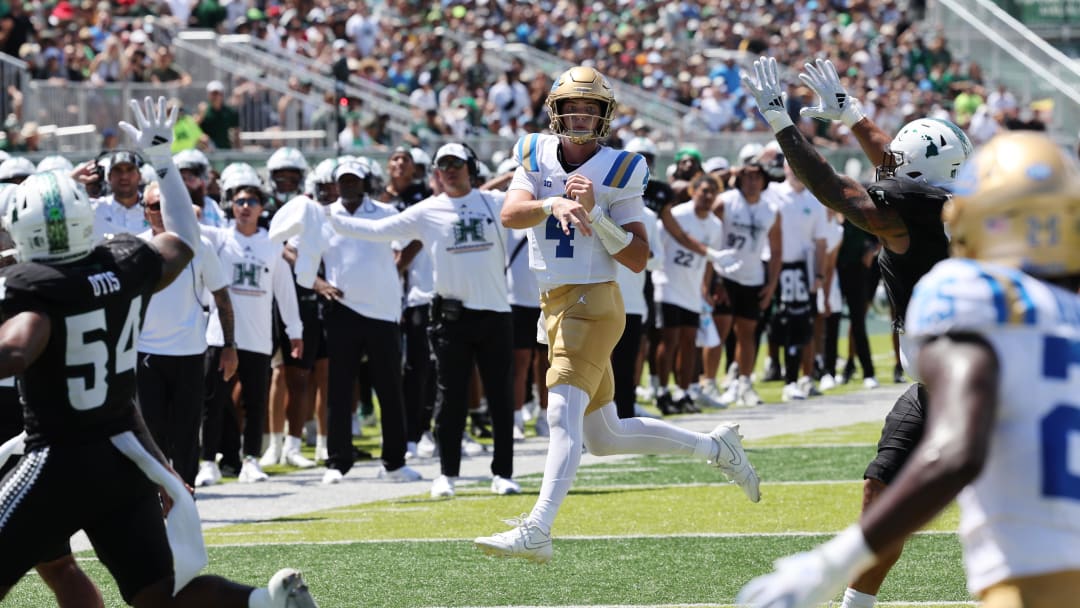 Aug 31, 2024; Honolulu, Hawaii, USA;  UCLA Bruins quarterback Ethan Garbers (4) throws an end zone  interception against the Hawaii Rainbow Warriors during the first quarter of an NCAA college football game at the Clarence T.C. Ching Athletics Complex. Mandatory Credit: Marco Garcia-USA TODAY Sports